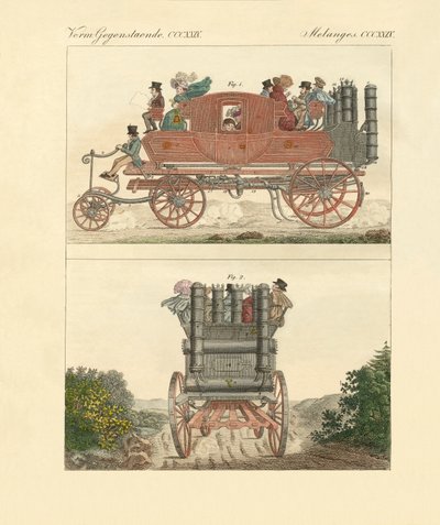 Gurney的蒸汽马车（彩色雕刻）。 作者 德国学校