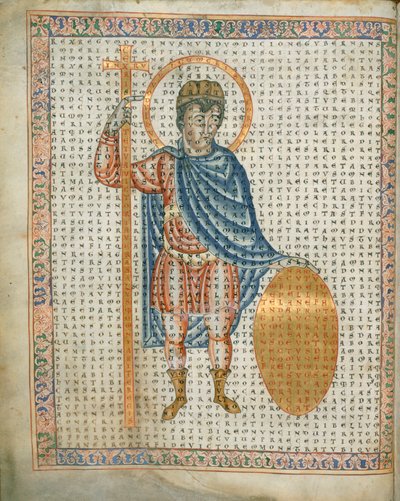 哈雷 3045 fol.2 皇帝路易一世，虔诚者，手持十字架和盾牌，选自《De Laudibus Sancte Crucis》，约 1170-79 年（牛皮纸） 作者 德国学校