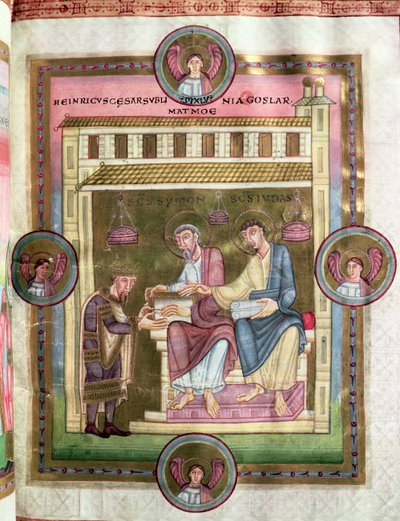亨利三世（1017-56）与使徒西蒙和裘德，来自法典Caesareus Upsaliensis，c.1045 作者 德国学校
