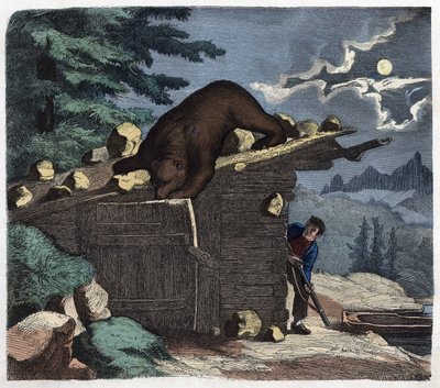 猎人想要杀死高山森林里的熊。在 "Wenn Jemand eine Reise thut, so kann er was erzahlen"（当有人旅行时，这是他能说出的），德国故事，作者Franz Wiedemann 作者 德国学校