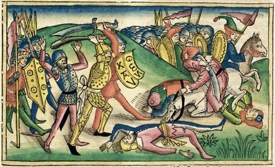 I Kings 15 16 Asa和Baasha之间的战争，来自纽伦堡圣经（Biblia Sacra Germanaica）（彩色木刻） 作者 德国学校