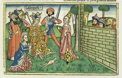 I Kings 3 16-28所罗门的审判，来自纽伦堡圣经（Biblia Sacra Germanaica）（彩色木刻） 作者 德国学校