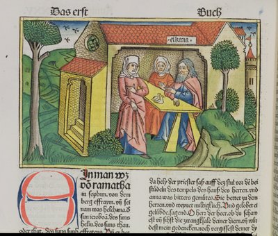 撒母耳记上1：8以利加拿安慰汉娜，来自纽伦堡圣经（Biblia Sacra Germanaica）（彩色木刻） 作者 德国学校
