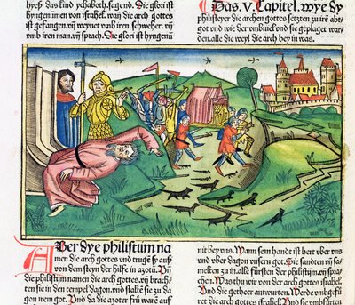 撒母耳记下5：1-11非利士人抓住方舟，被纽伦堡圣经（Biblia Sacra Germanaica）的瘟疫击中（彩色木刻） 作者 德国学校