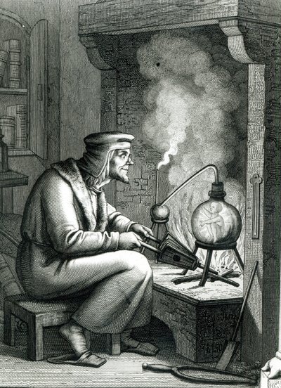 从Goethes浮士德的例证描述Mephistopheles创造一个homunculus，1854年 作者 德国学校