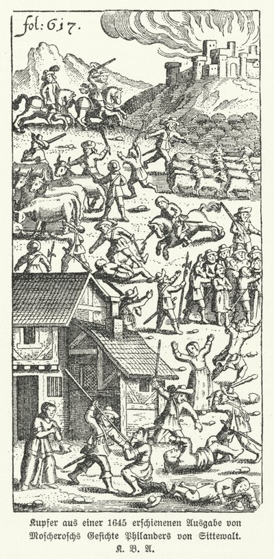1645 年版德国作家约翰·迈克尔·莫斯赫罗施的讽刺作品 Wunderliche und Wahrhrachtige Gesichte Philanders von Sittewald（Philander von Sittewald 的奇妙而真实的愿景）中的插图（石版画） 作者 德国学校