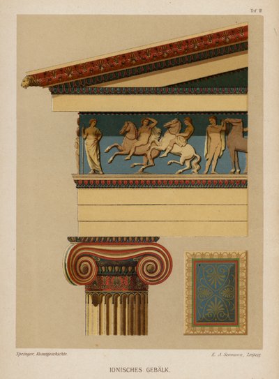 离子 entablature，古希腊建筑（彩色石版画） 作者 德国学校