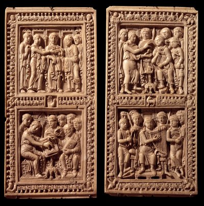 Dagulf Psalter 的象牙装订：大卫，圣杰罗姆。 它是由查理曼大帝委托给教皇阿德里安一世的抄写员 Dagul（或 Dagulfe）。8 世纪末。 来自艾克斯拉夏贝尔。 巴黎，卢浮宫博物馆 作者 德国学校
