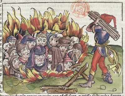 犹太人在纽伦堡纪事报上烧伤了哈特曼·谢德尔（1440-1514），1493年（彩色木刻） 作者 德国学校