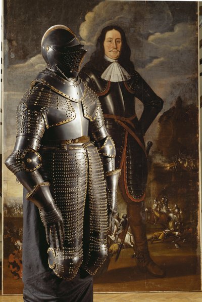 约翰-斯波克伯爵（Johann Count Sporck），他的 36 公斤重的盔甲站在他的肖像前...... 作者 德国学校