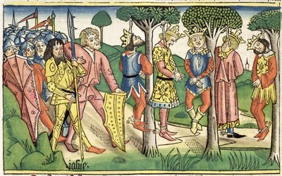 约书亚记 10 16-27 处决五王，摘自《纽伦堡圣经 (Biblia Sacra Germanaica)》（彩色木刻） 作者 德国学校