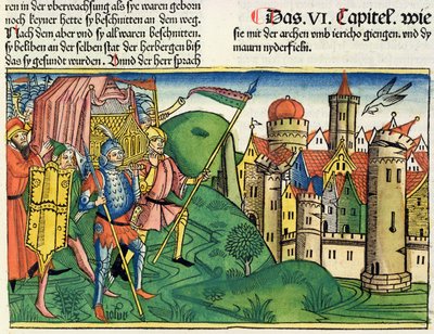 约书亚6 4-21耶利哥的堕落，来自纽伦堡圣经（Biblia Sacra Germanaica）（彩色木刻） 作者 德国学校