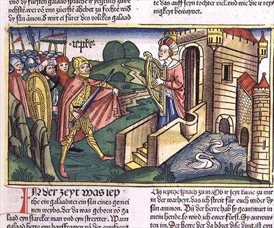 耶弗他的女儿问候她的父亲，摘自《纽伦堡圣经》（ Biblia Sacra Germanaica）（彩色木刻）。 作者 德国学校