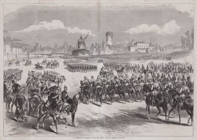 1871 年 3 月，德国皇帝威廉一世在法国巴黎隆尚观看阅兵（版画） 作者 德国学校