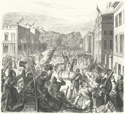 1848 年 3 月 21 日，普鲁士国王弗雷德里克·威廉四世骑马经过柏林大学，前往参加为骚乱中丧生的平民举行的集体葬礼（版画） 作者 德国学校