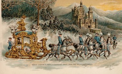 巴伐利亚国王路德维希二世乘坐金色雪橇前往新天鹅堡（chromolitho）。 作者 德国学校