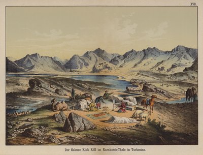 土耳其斯坦卡拉卡什山谷的 Kiuk Kiol 盐湖（彩色石版画） 作者 德国学校
