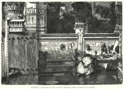 古埃及孟菲斯一个寡妇在其丈夫的棺材旁发出的哀叹（石版画）。 作者 德国学校