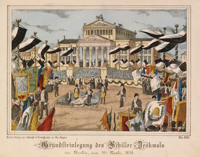 1859年11月10日柏林宪兵广场席勒纪念碑的基石铺设，背景为Schauspielhaus，来自Neurppiner Bilderbogen，由Oehmigle＆Ri出版 作者 德国学校