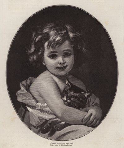 Little girl looking forward to Christmas with her pet cat (engraving) 作者 德国学校