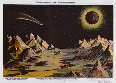 月景、日食和 1911 年彗星（彩色石版画） 作者 德国学校