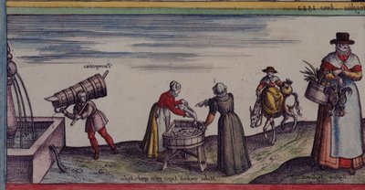地图 C.29.e.1 切割鱼的妇女，选自 "Civitates orbis terrarum"，约 1623 年（牛皮纸）。 作者 德国学校