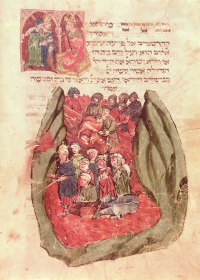 摩西带着以色列的孩子从1427年汉堡的犹太祈祷书中引领红海，（手稿） 作者 德国学校