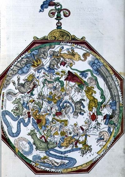 1517年 北方天空中的星座位置，插图来自彼得-阿皮安（Bennewitz）（1495-1552）在因戈尔施塔特出版的《凯撒里天文图》（Astronomicum Caesareum）。 作者 德国学校
