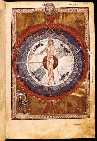 1942年女士，《宇宙空间与人类》，宾根的希尔德加德（Hildegard of Bingen）的景象，出自《自由女神像》，约1220-30 作者 德国学校