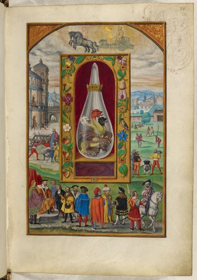 哈雷 3469 号女士，f.26 烧瓶中的三头龙，《第四论》，选自萨洛蒙-特里斯莫辛的《太阳的辉煌》。 作者 德国学校