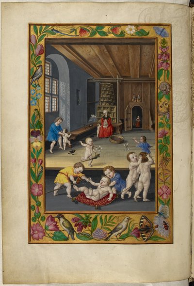 哈雷 3469 号女士，f.31v 儿童在房间里玩耍，《第五论》，选自萨洛蒙-特里斯莫辛的《太阳的辉煌》。 作者 德国学校