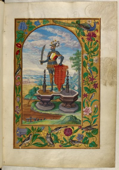 哈雷 3469 号女士，f.7 喷泉上站立的骑士，《第二论》，选自萨洛蒙-特里斯莫辛的《太阳的辉煌》。 作者 德国学校