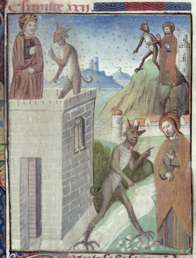 Hunter女士36 f.110r诱惑的三个场景，来自Vita Christi，萨克森的Ludolf，c.1300-7778 作者 德国学校