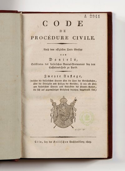 拿破仑法国莱茵河左岸的民事诉讼法，在1809年科隆的扉页上开放（印刷纸） 作者 德国学校