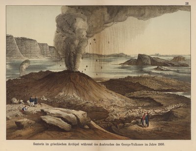 卡梅尼岛（Nea Kameni），1866年火山爆发后希腊圣托里尼岛火山口中的火山岛（彩色平版画）。 作者 德国学校