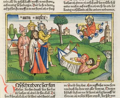 数字16 32地球吞下反叛者大坍和亚比兰，来自纽伦堡圣经（Biblia Sacra Germanaica）（彩色木刻） 作者 German School
