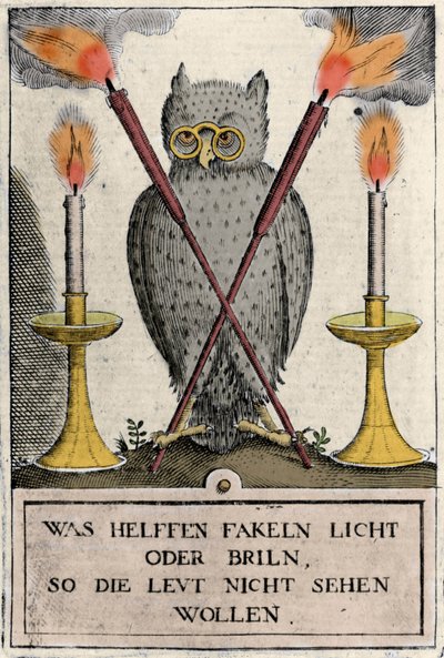 戴眼镜的猫头鹰，智慧的象征。 雕刻“Amphitheatrum sapientiae aeternae”。 （永恒智慧圆形剧场）（汉堡：n.n. 作者 德国学校