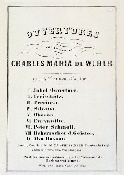 展示卡尔·玛丽亚·冯·韦伯 (Carl Maria von Weber) 的各种歌剧序曲的页面（石版画） 作者 德国学校