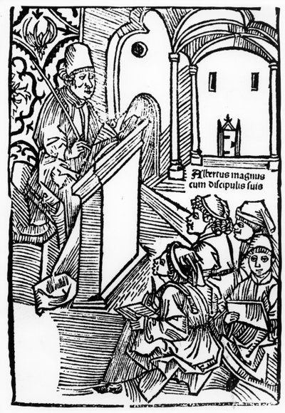 Albertus Magnus画象与他的一些学生，Epitomata标题页的例证，赔偿或者亚里士多德的整个自然哲学。作者：Gerardus de Harderwyck，14日出版 作者 德国学校
