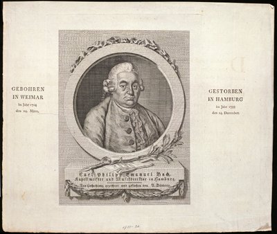卡尔·菲利普·伊曼纽尔·巴赫（1714-88）的肖像由CD Krohn雕刻，1788年 作者 德国学校