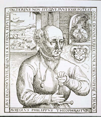 Theothrastus Paracelsus（1493-1541）的肖像，他的书Astronomica et Astrologica Pouscula，科隆1567的插图副本，用于19世纪晚期出版的魔法史（woodc） 作者 德国学校