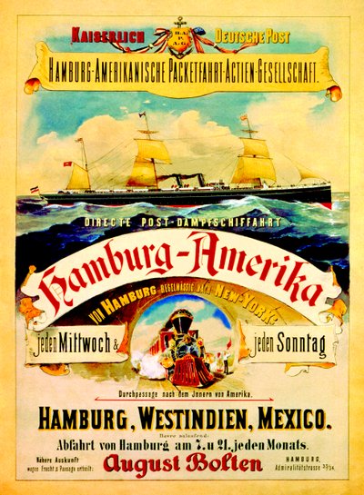海报广告汉堡美国线，1883年 作者 German School