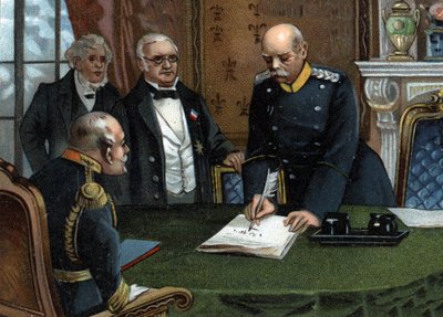 1871年2月26日在凡尔赛签署的初步和平条约，普法战争结束 共和国行政首脑阿道夫-梯也尔先生和外交部长儒勒-法夫尔先生，法国代表。 作者 德国学校