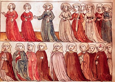 波西米亚妇女游行。 Ulrich Richental (1360-1437) 1438 年《康斯坦茨议会编年史》的缩影，约布拉格，国家图书馆 作者 德国学校