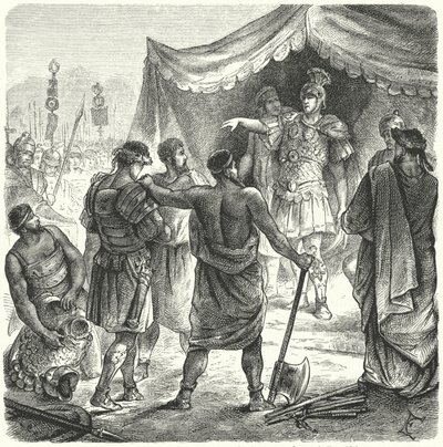 Roman consul Titus Manlius Torquatus condemning his son to death for leaving his post in battle (engraving) 作者 德国学校
