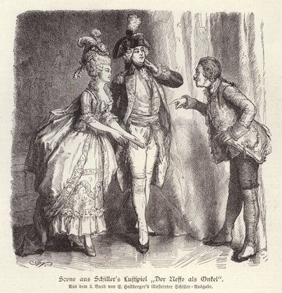 弗里德里希·席勒 (Friedrich Schiller) 的喜剧 Der Neffe als Onkel (The Nephew as Uncle) 中的场景（版画） 作者 德国学校