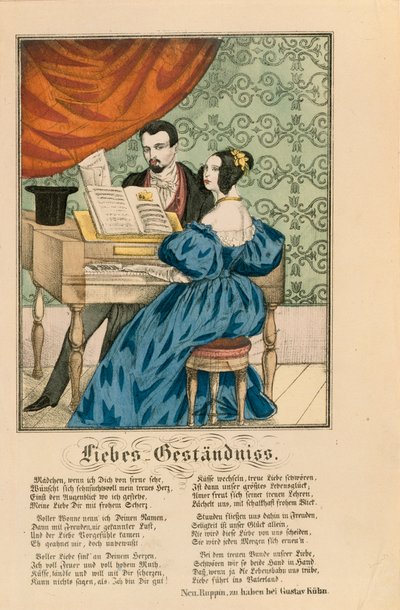 场景展示了一对情侣在钢琴上，一首爱情诗写在下面，来自Neuruppiner Bilderbogen，1850年 作者 德国学校