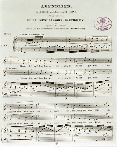 Felix Mendelssohn的晚间歌曲评分页面 作者 德国学校