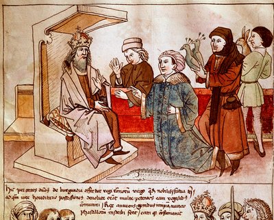 卢森堡的齐格蒙特一世 (1368-1437)，神圣帝国的皇帝，接受顺从人民的贡品。 Ulrich Richental (1360-1437) 1438 年《康斯坦茨议会编年史》的缩影，约布拉格，国家图书馆 作者 德国学校