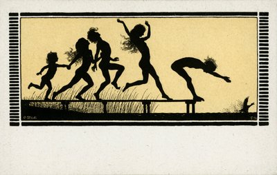 儿童跳入湖中的剪影（石版画） 作者 德国学校